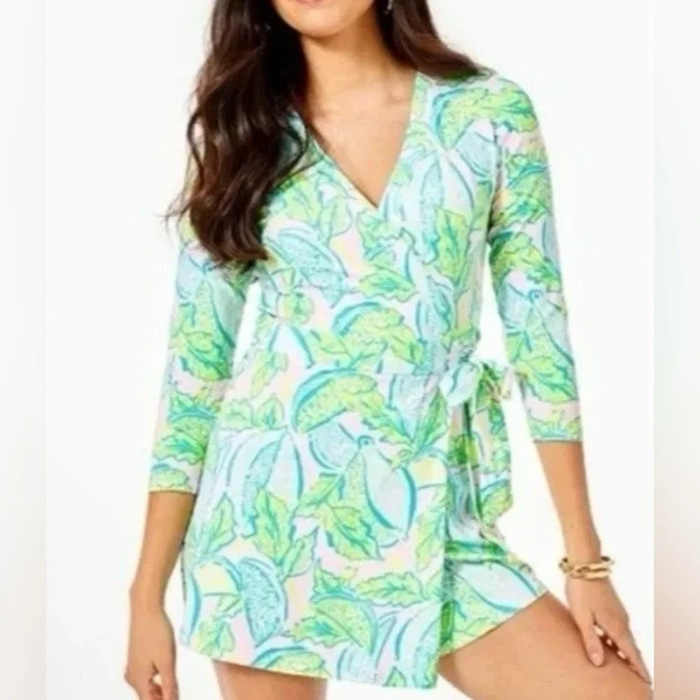 Lilly Pulitzer Pink, Green and Blue Leaf Patterned Wrap Romper - Size S